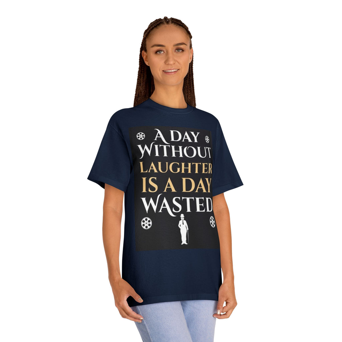 Navy A Day Without Laughter vintage cinema T-shirt worn by female model, front view