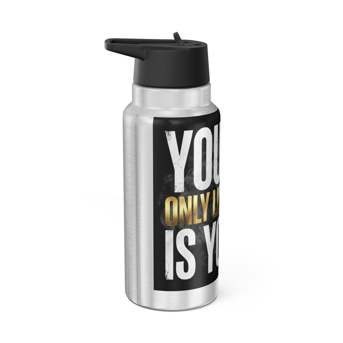 Silver 32oz motivational stainless steel tumbler, right side view