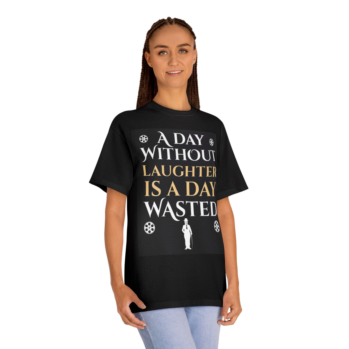 Black A Day Without Laughter vintage cinema T-shirt worn by female model, front view