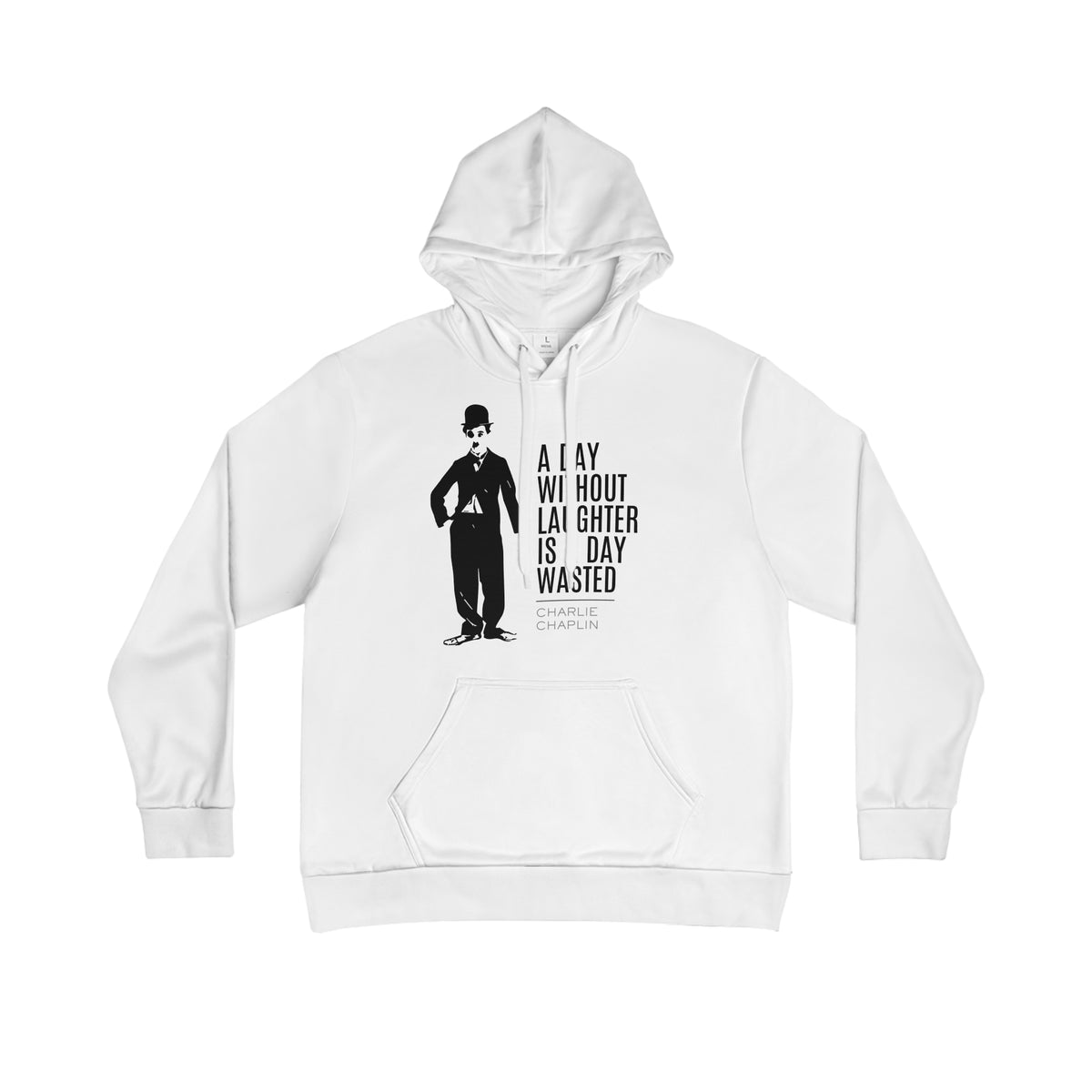 White Charlie Chaplin quote hoodie, front product view