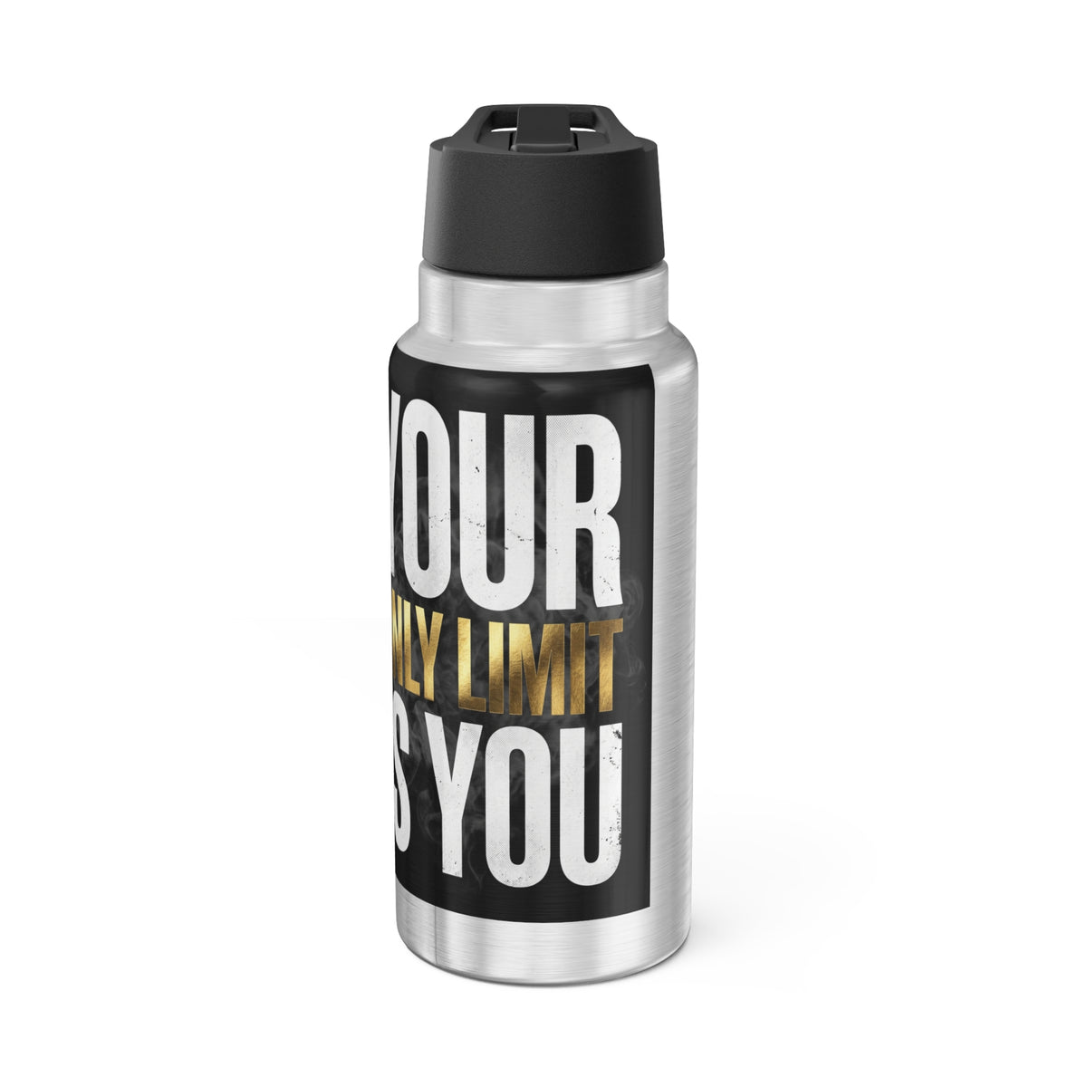 Silver 32oz motivational stainless steel tumbler, front design view