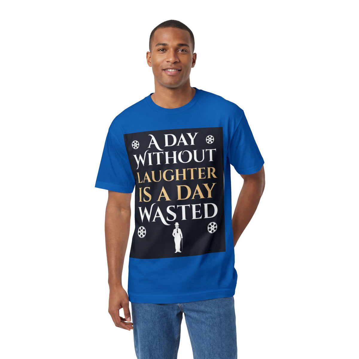 Royal Blue A Day Without Laughter vintage cinema T-shirt worn by male model, front view