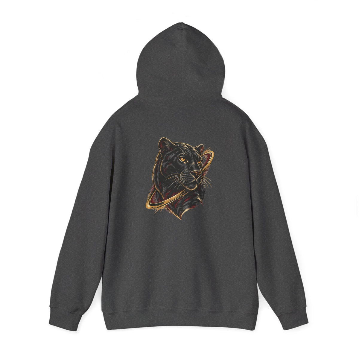 Dark Heather Avrath graphic hooded sweatshirt, back angled view