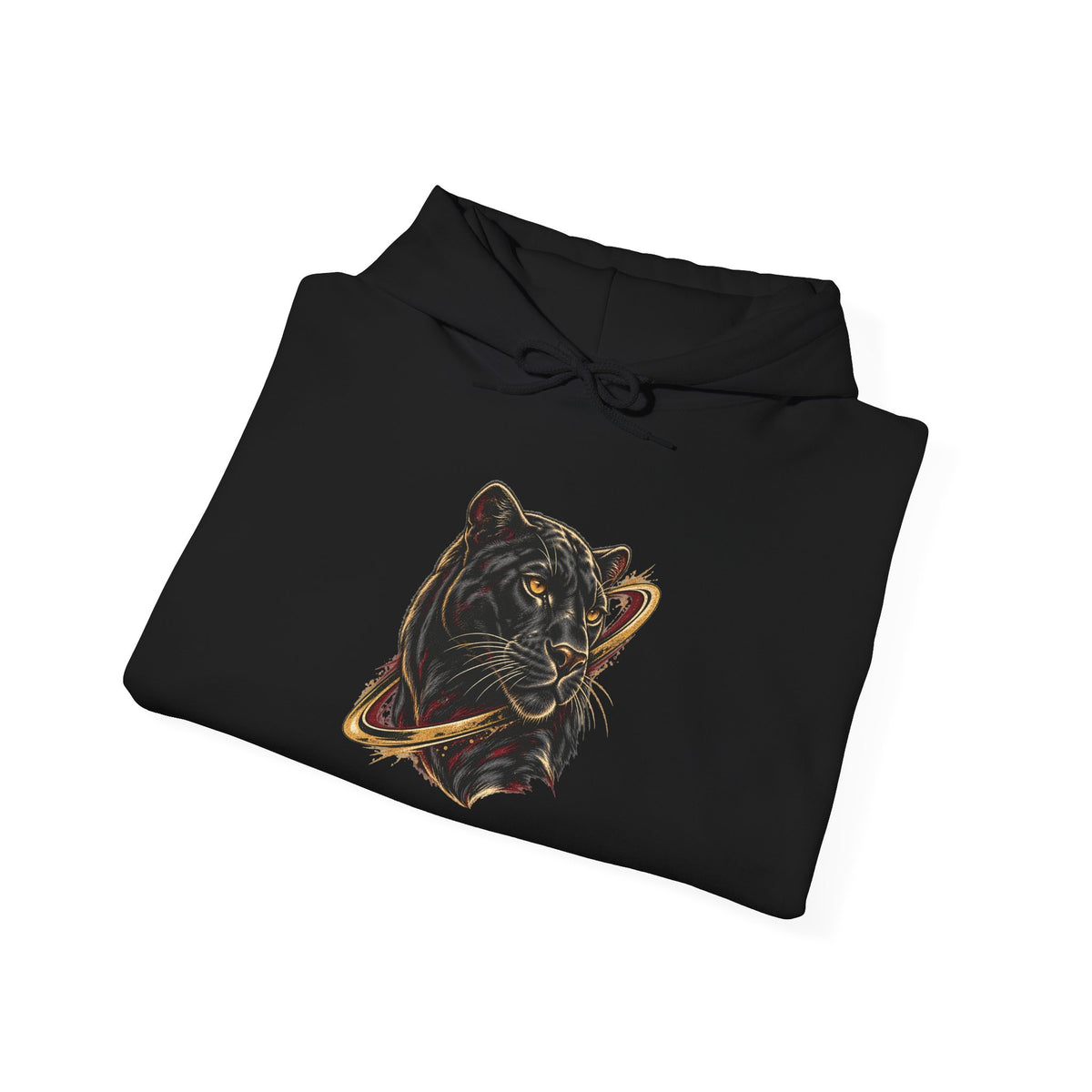 Black Avrath graphic hooded sweatshirt, folded fabric and print detail