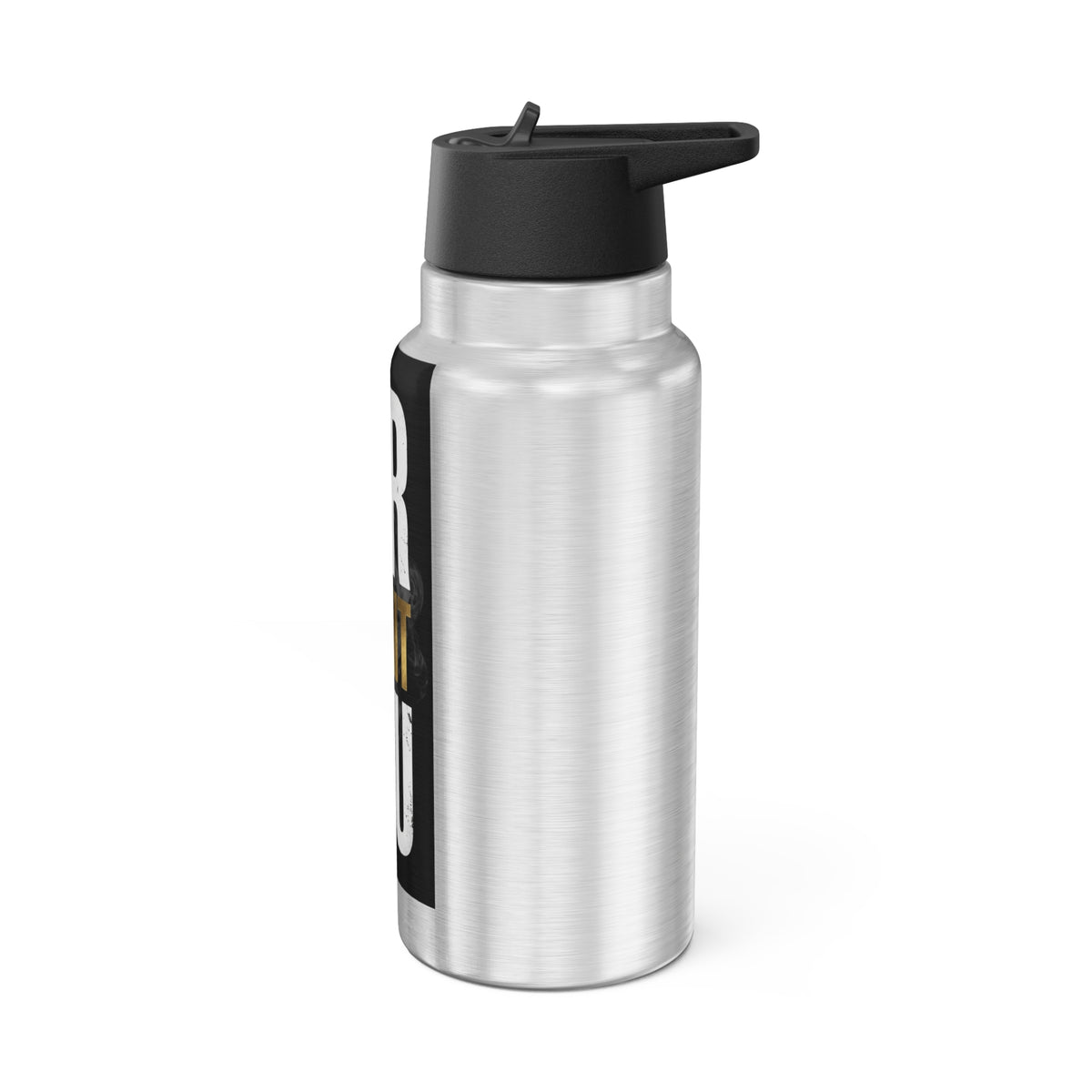 Silver 32oz motivational stainless steel tumbler, left side view