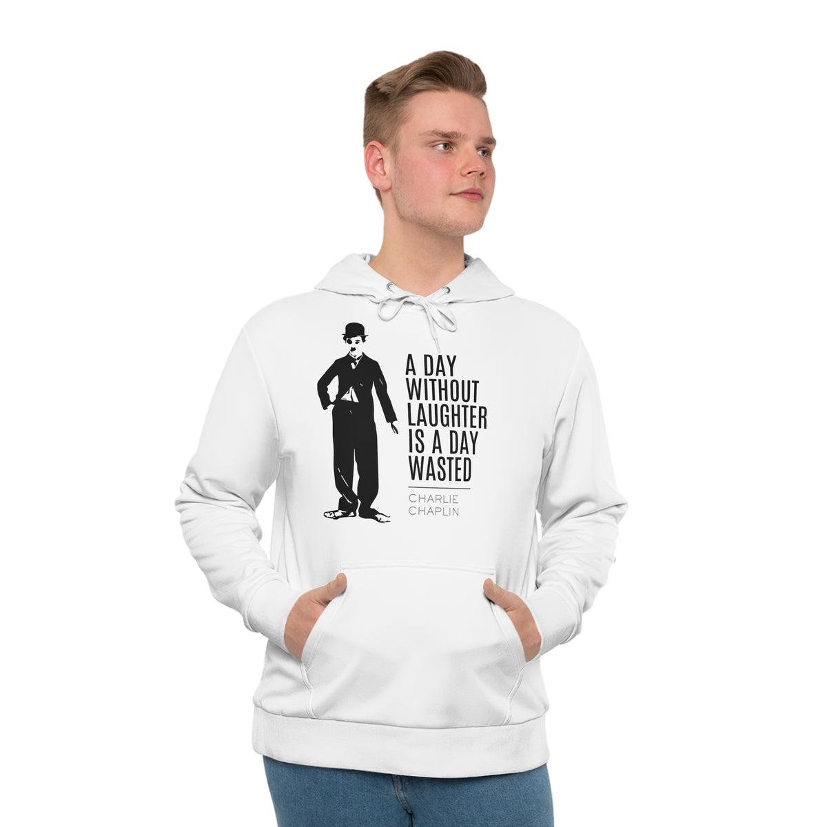 White Charlie Chaplin quote hoodie worn by male model, front view