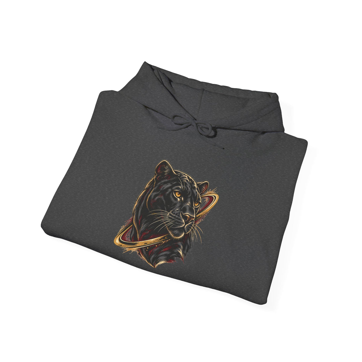 Dark Heather Avrath graphic hooded sweatshirt, folded fabric and print detail