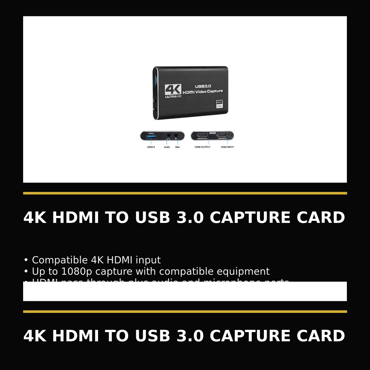 Avrath 4K HDMI to USB 3.0 capture card features including 1080p capture, pass-through, audio and microphone ports