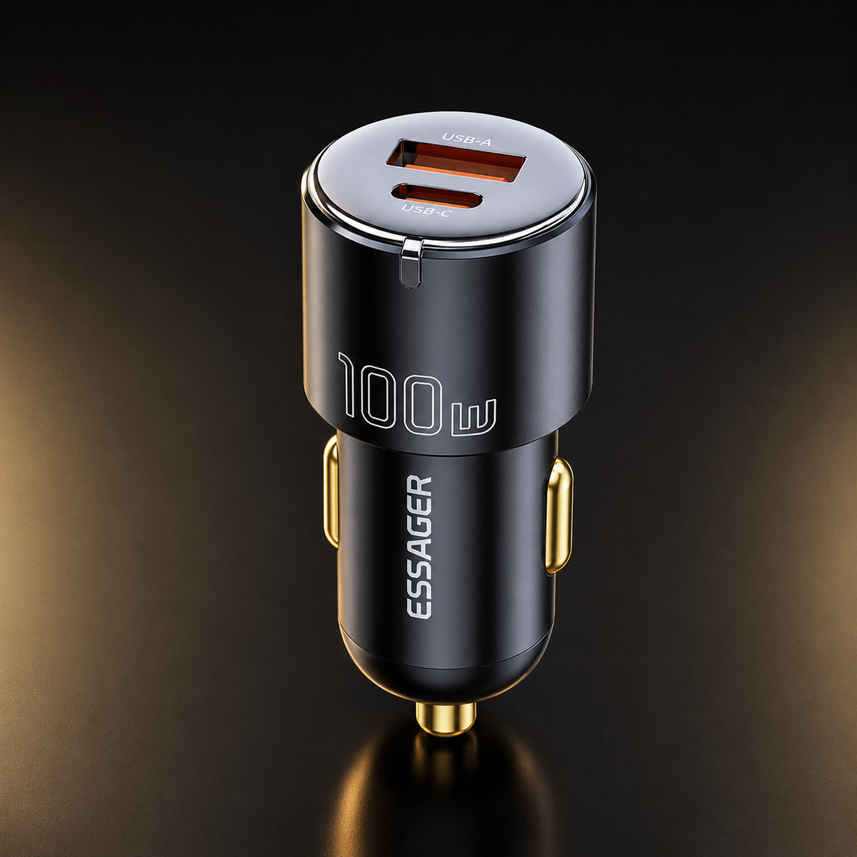 Premium compact 100W dual-port USB-C and USB-A car charger on a dark studio background