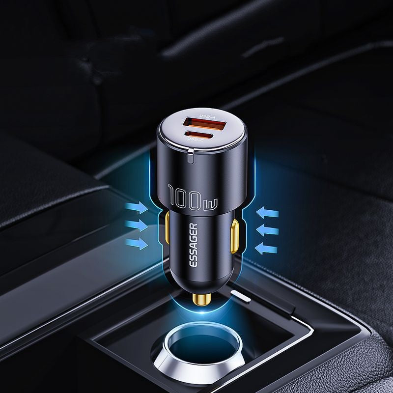 Compact Avrath dual-port car charger in black with USB-C and USB-A charging options