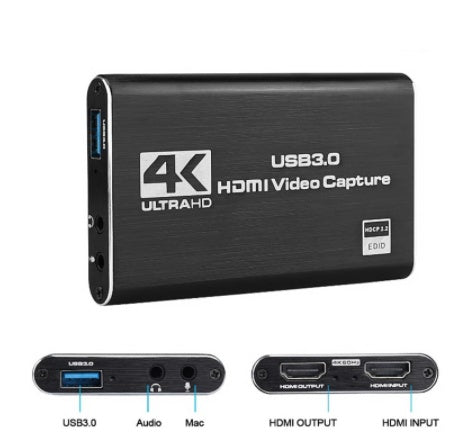 HDMI capture card and labelled USB, audio, microphone, HDMI input and HDMI output ports