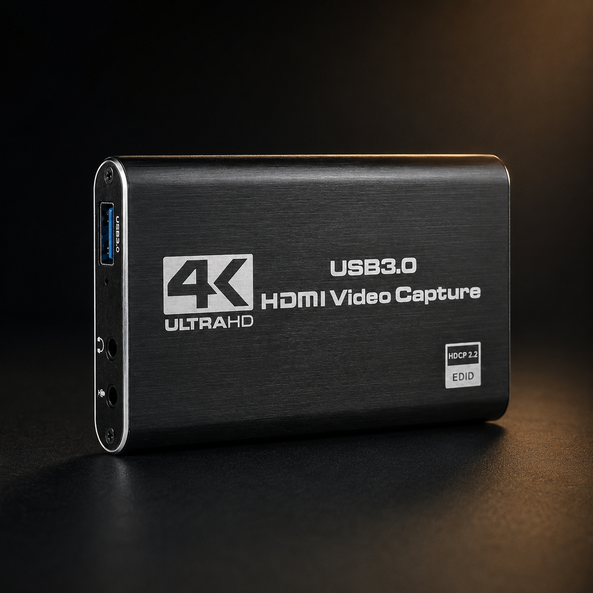 Premium black 4K HDMI to USB 3.0 video capture card on a dark studio background
