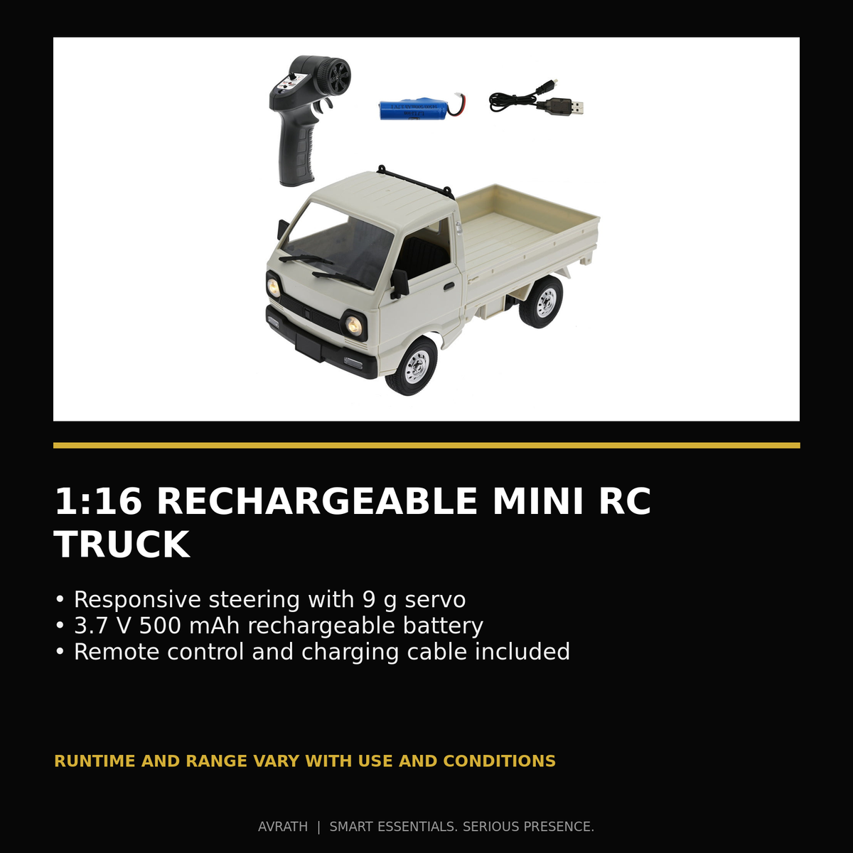 Avrath 1:16 rechargeable mini RC truck features including responsive steering, battery, remote and charging cable