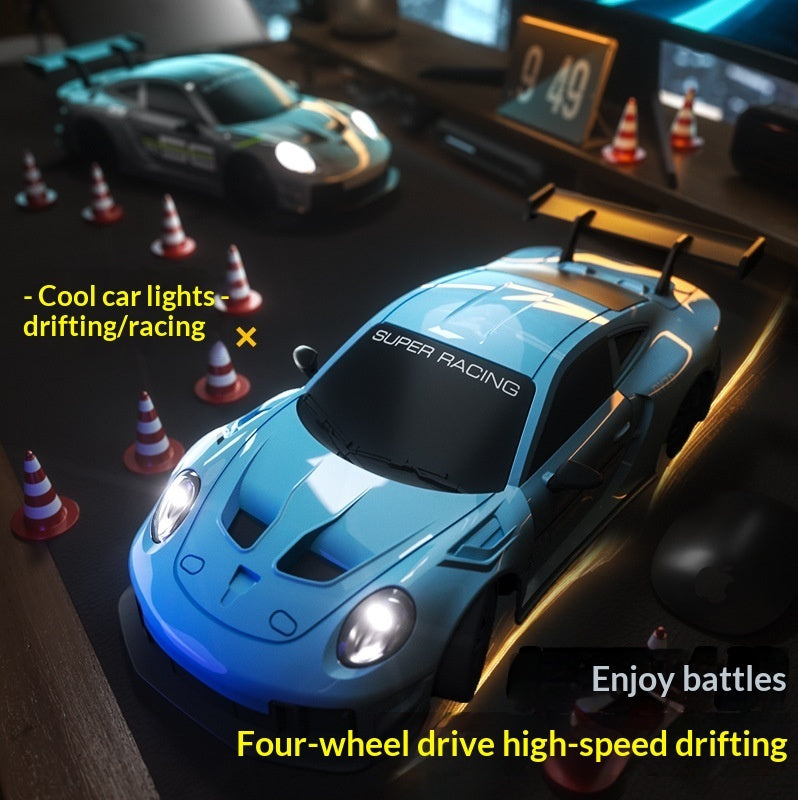 Blue high-speed RC drift car with headlights in an indoor racing scene