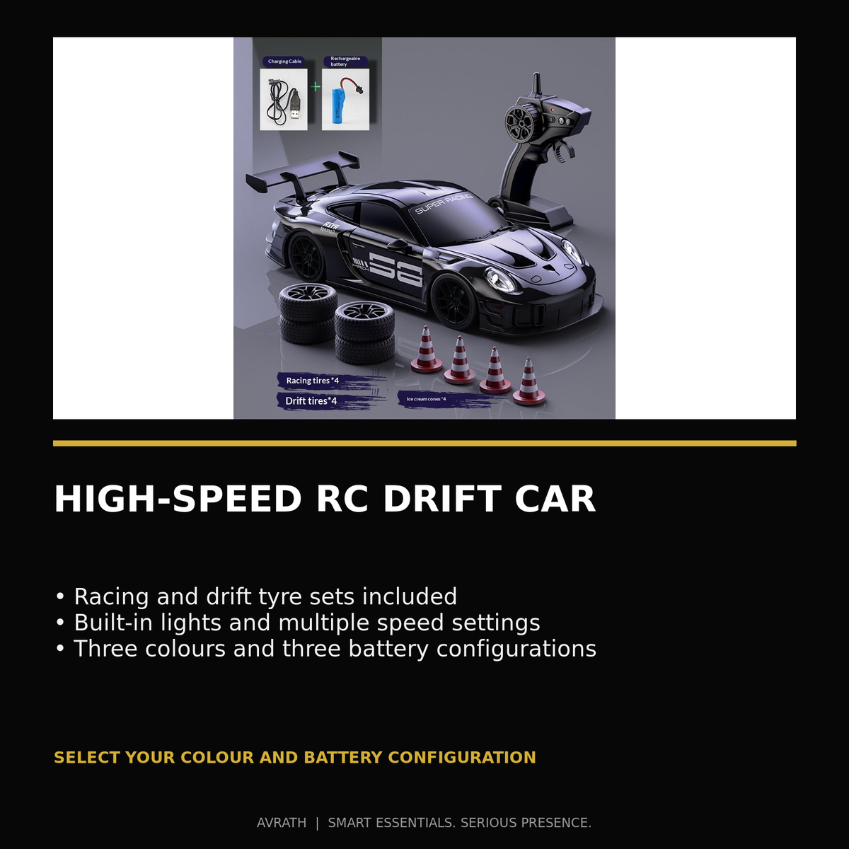 Avrath high-speed RC drift car features including racing and drift tyres, lights, colours and battery configurations