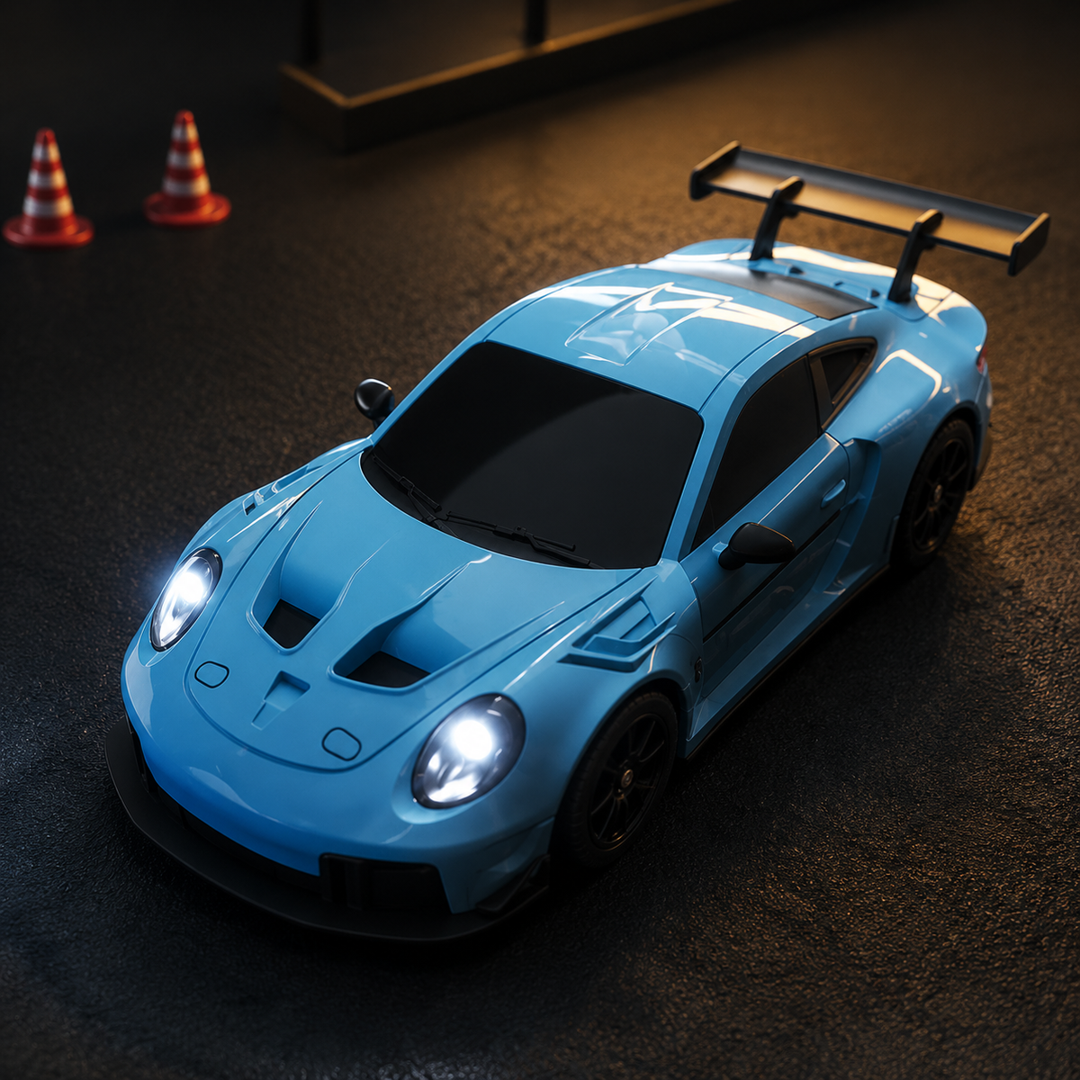 Blue high-speed RC drift car with headlights on a dark miniature track
