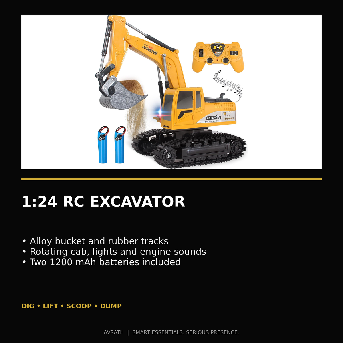 Avrath 1:24 RC excavator features including alloy bucket, rubber tracks, rotating cab, lights, sound and two batteries