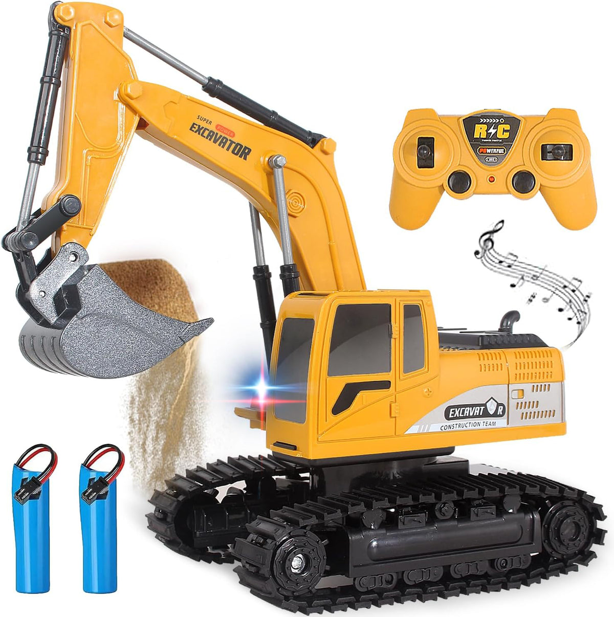 Yellow tracked RC excavator with alloy bucket, remote control and two rechargeable batteries