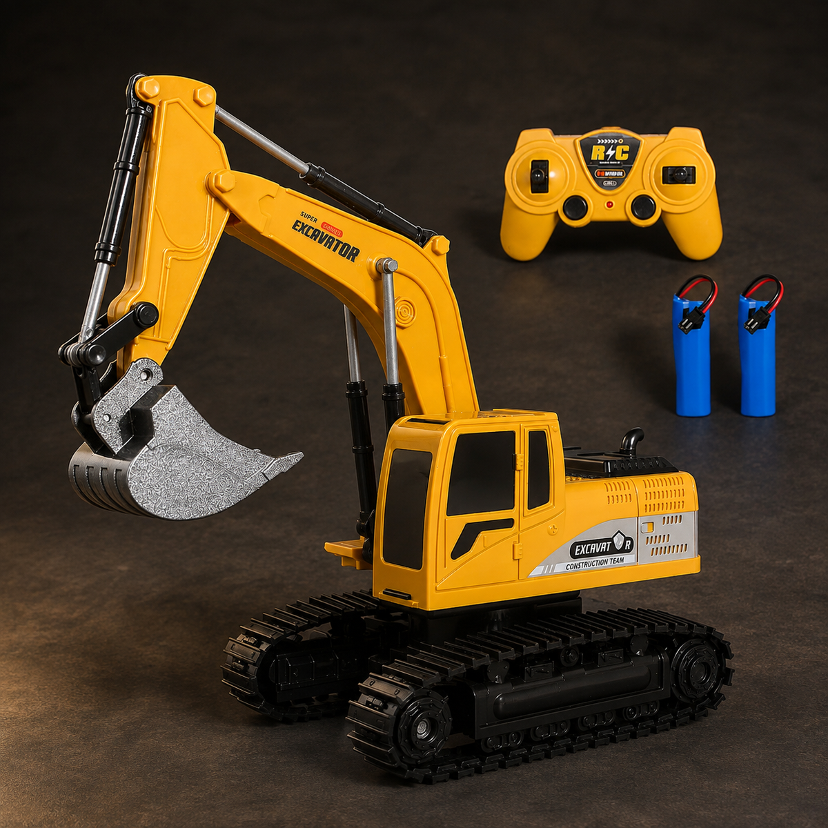 Yellow 1:24 RC excavator with remote control and two rechargeable batteries