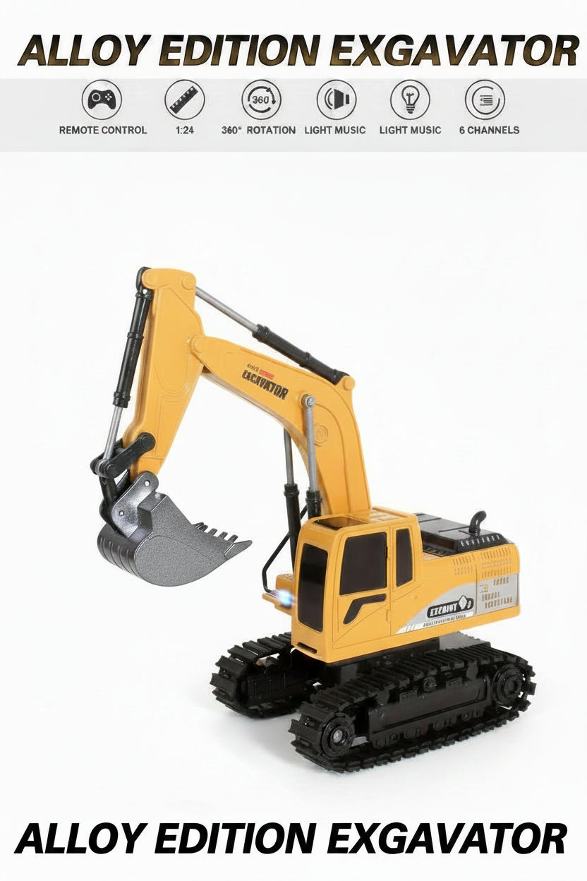 Side view of yellow alloy-edition RC excavator with rubber tracks and articulated bucket