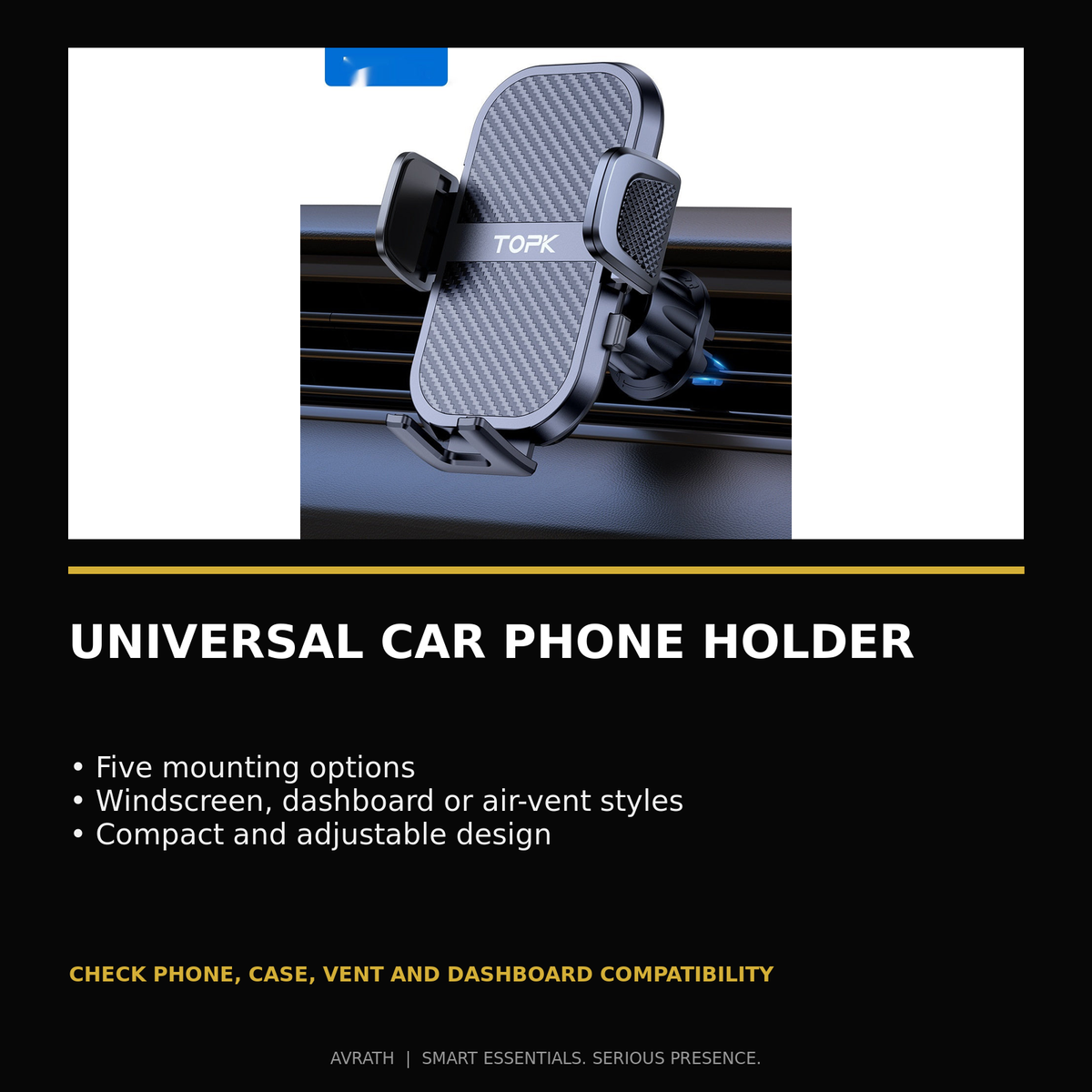 Avrath universal car phone holder features including five windscreen, dashboard and air-vent mounting options