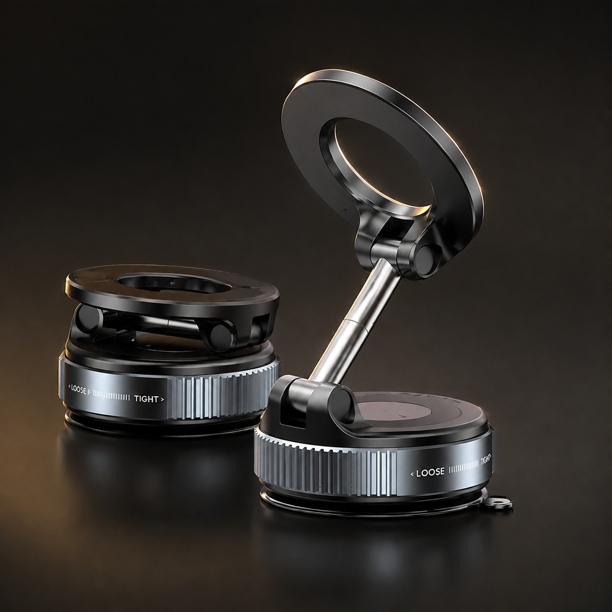Premium black 360 degree vacuum magnetic phone holder in open and folded positions