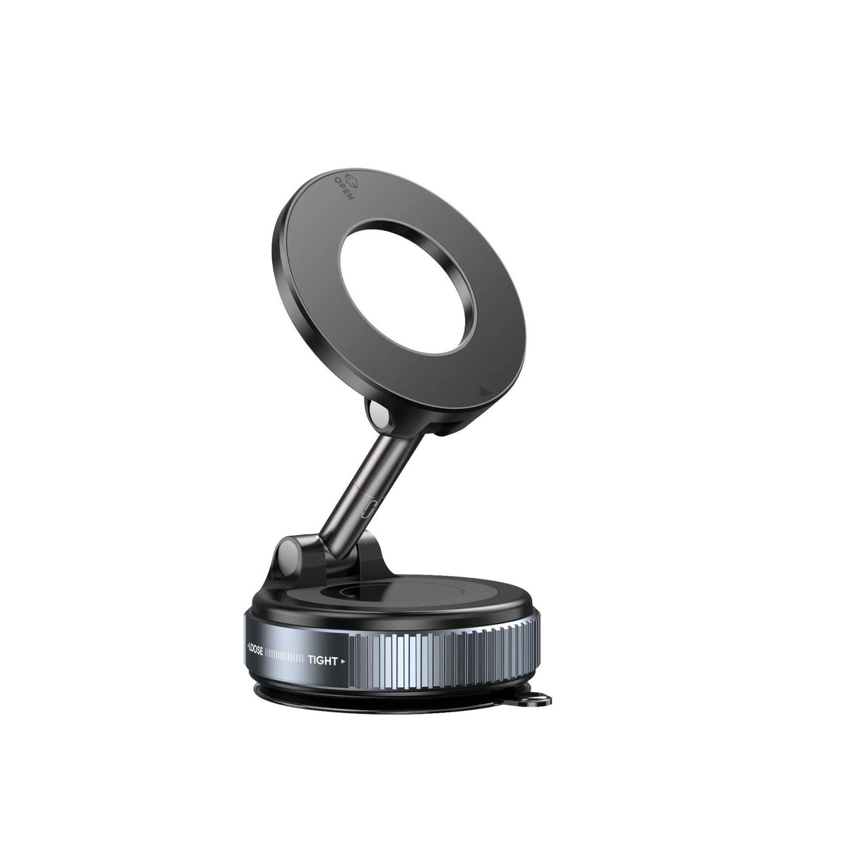 Black 360-degree vacuum magnetic phone holder on a white background