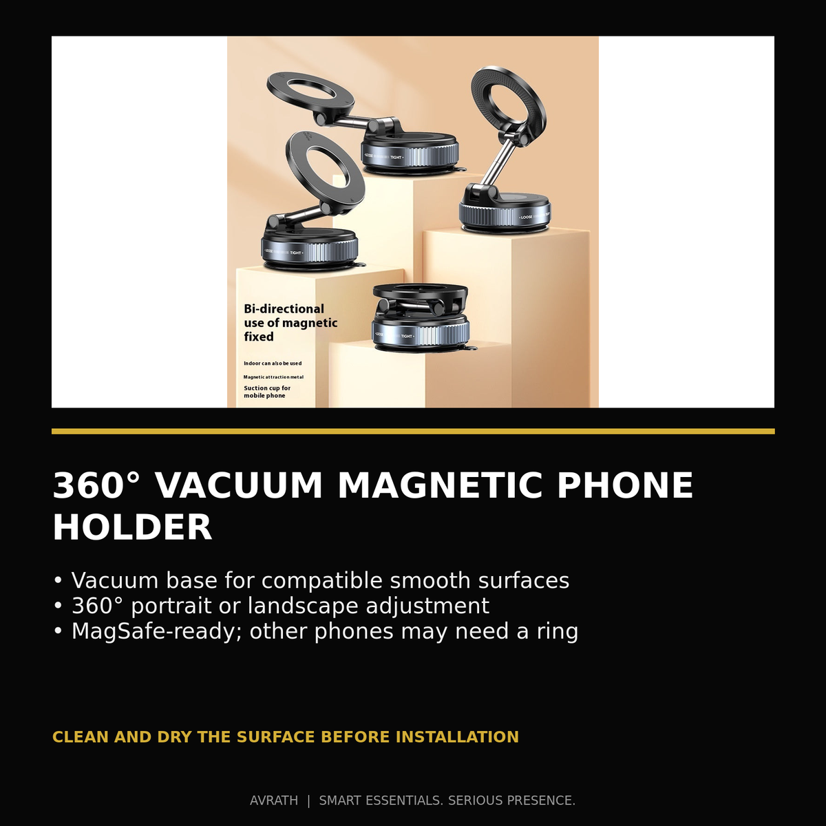 Avrath 360-degree vacuum magnetic phone holder features and compatibility information